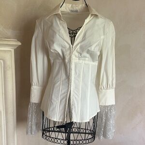 Casadei Cream Blouse with Sheer Lace Sleeves